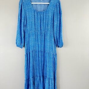 Blue Floral Tiered Maxi Dress with Scoop Neck